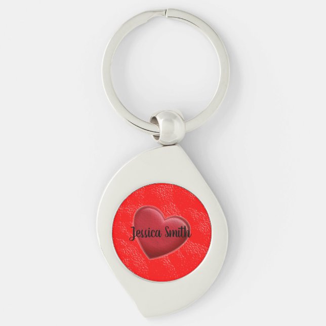 Handwriting Elegant Name Red Heart Love Romance Keychain (Front)