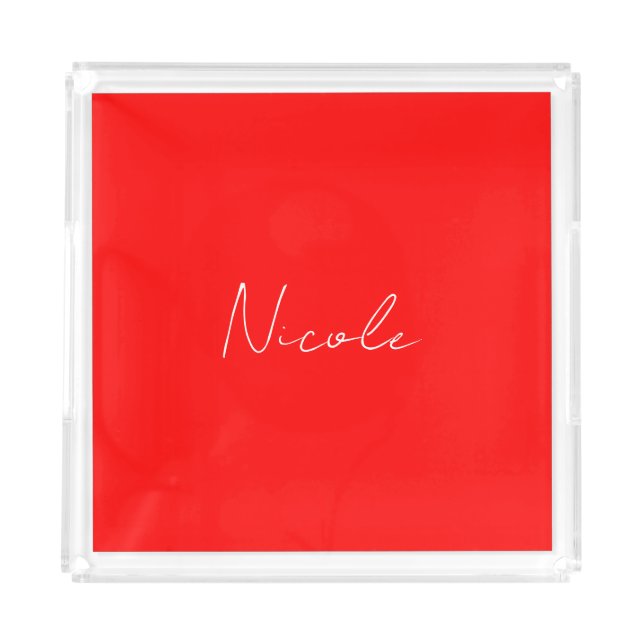 Handwriting Elegant Name Red White Color Plain Acrylic Tray (Front)
