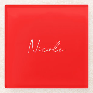 Handwriting Elegant Name Red White Color Plain Glass Coaster