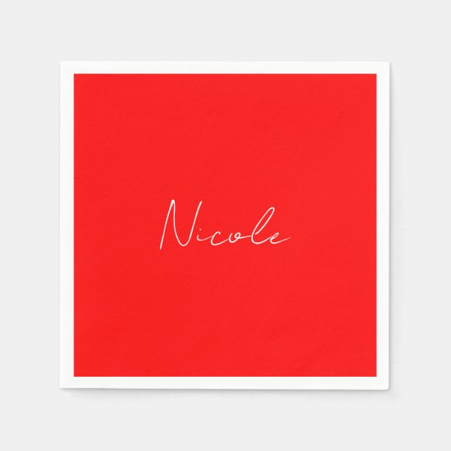 Handwriting Elegant Name Red White Color Plain Napkins (Front)