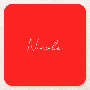Handwriting Elegant Name Red White Color Plain Square Paper Coaster