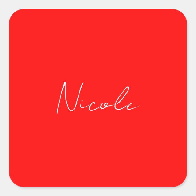 Handwriting Elegant Name Red White Color Plain Square Sticker (Front)