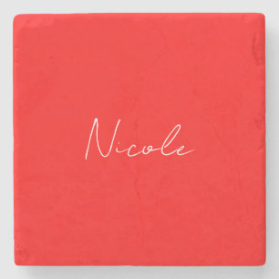 Handwriting Elegant Name Red White Color Plain Stone Coaster