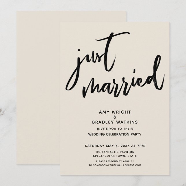 Handwriting Just Married Cream Wedding Reception Invitation (Front/Back)