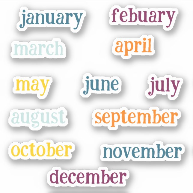 Handwriting Months Of The Year Script Coloful  Sticker (Front)