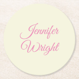 Handwriting Name Classical Plain Beige Pink  Round Paper Coaster
