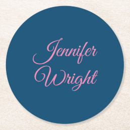 Handwriting Name Classical Plain Indigo Blue Pink Round Paper Coaster