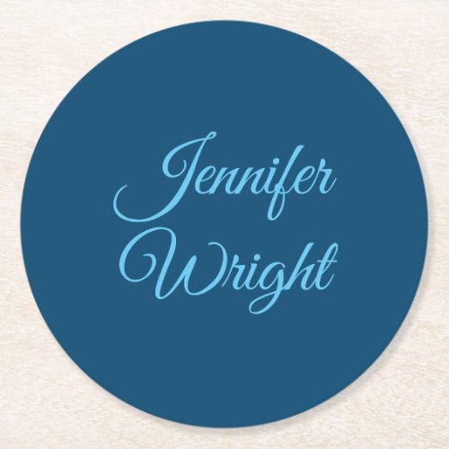 Handwriting Name Classical Plain Indigo Blue Round Paper Coaster