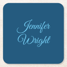 Handwriting Name Classical Plain Indigo Blue Square Paper Coaster