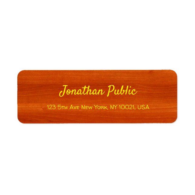 Handwriting Name Text Elegant Walnut Wood Gold Label (Front)