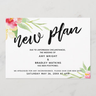 Handwriting "New Plan" Floral Postponed Wedding Invitation