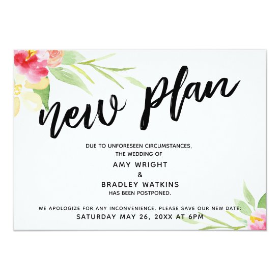 Handwriting "New Plan" Floral Postponed Wedding Invitation
