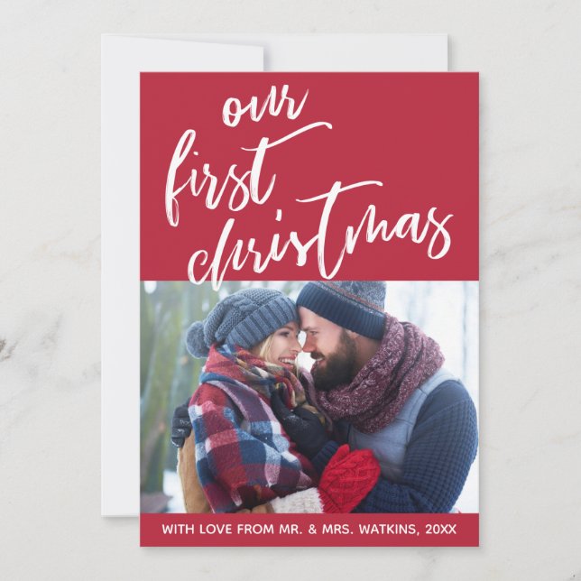 Handwriting on Red Our First Christmas, Photo Holiday Card (Front)