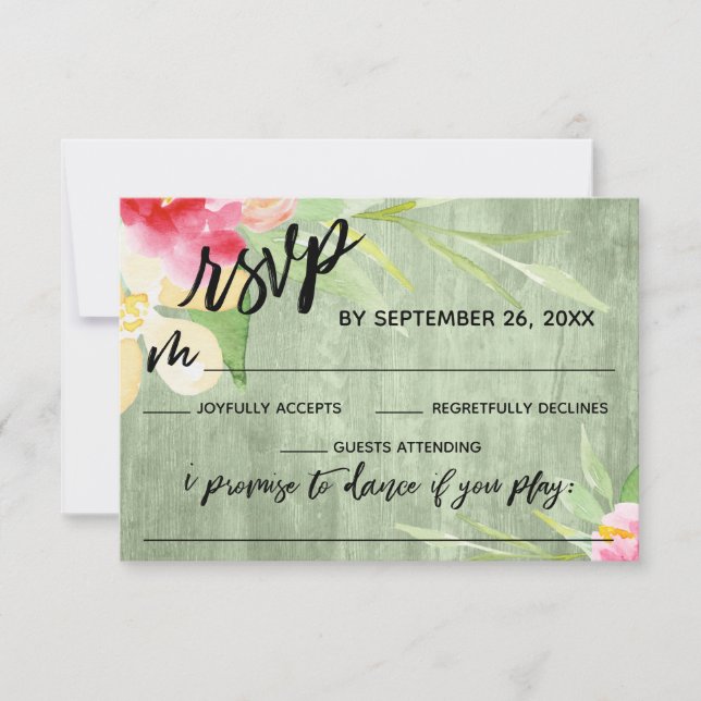 Handwriting Painted Floral Green Wood Song Request RSVP Card (Front)