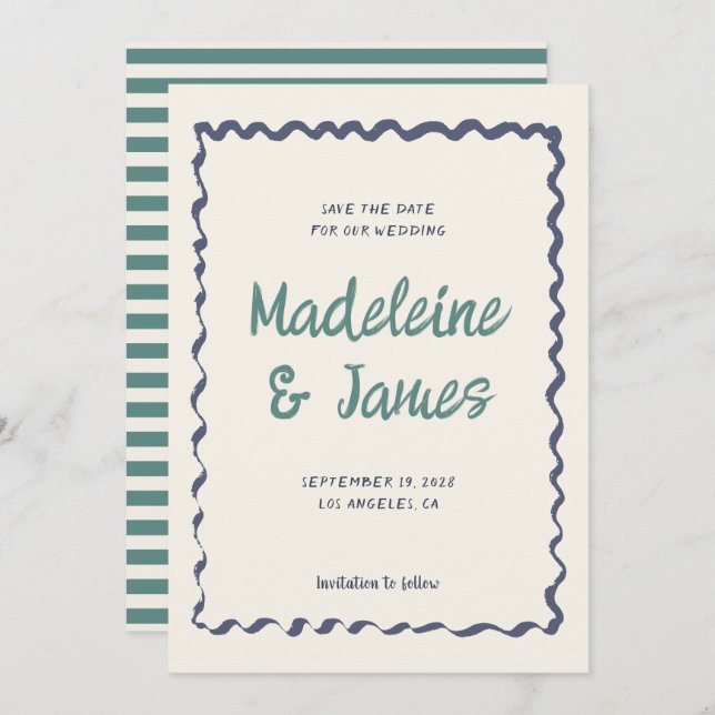 Handwriting Pastel Wavy Frame Retro Wedding Save The Date (Front/Back)