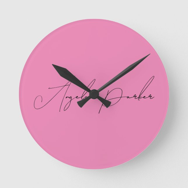 Handwriting Plain Simple Pink Professional Name Round Clock (Front)