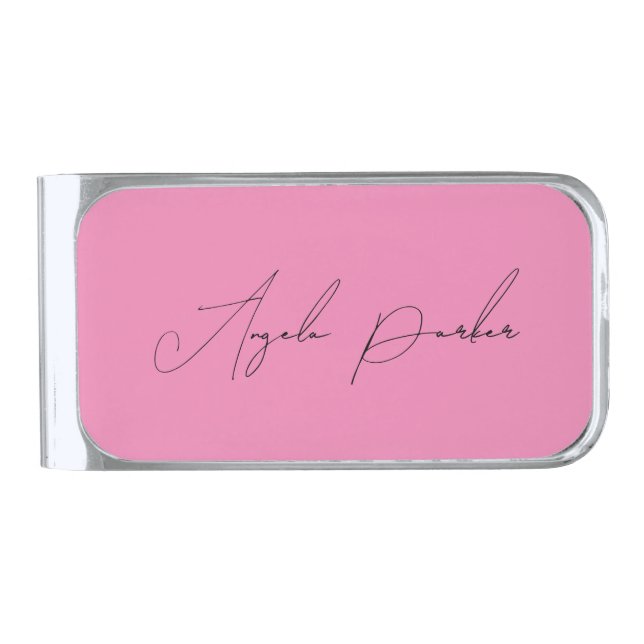 Handwriting Plain Simple Pink Professional Name Silver Finish Money Clip (Front)