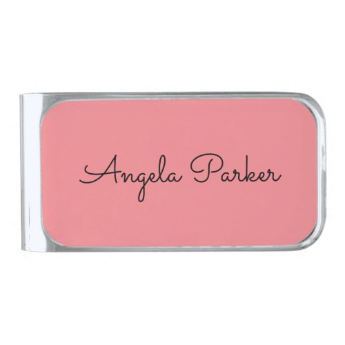 Handwriting Plain Simple Pink Professional Name Silver Finish Money Clip