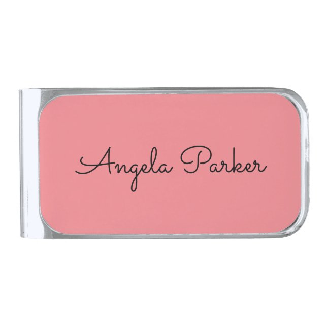 Handwriting Plain Simple Pink Professional Name Silver Finish Money Clip (Front)