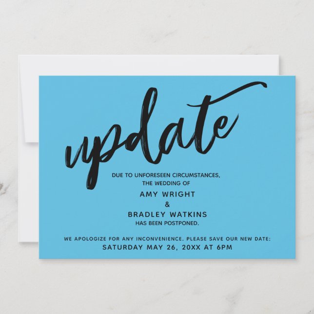 Handwriting Postponed Wedding Bright Blue Card (Front)