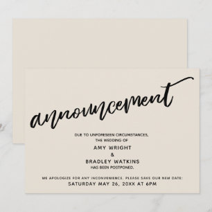 Handwriting Postponed Wedding Cream Announcement