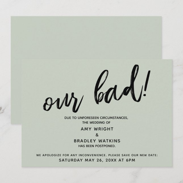 Handwriting Postponed Wedding Humor Sage Card (Front/Back)
