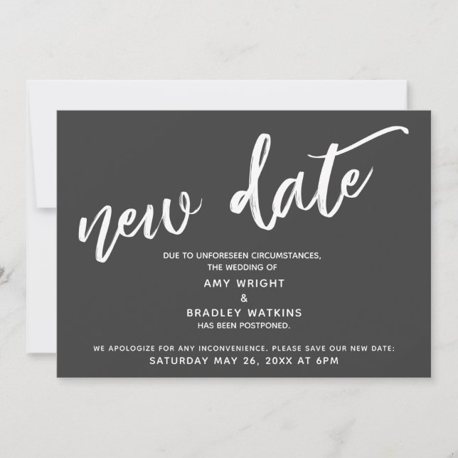 Handwriting Postponed Wedding New Date Dark Gray Invitation (Front)