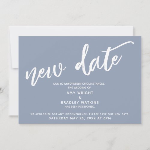 Handwriting Postponed Wedding New Date Dusty Blue Invitation