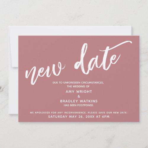Handwriting Postponed Wedding New Date Dusty Rose Invitation