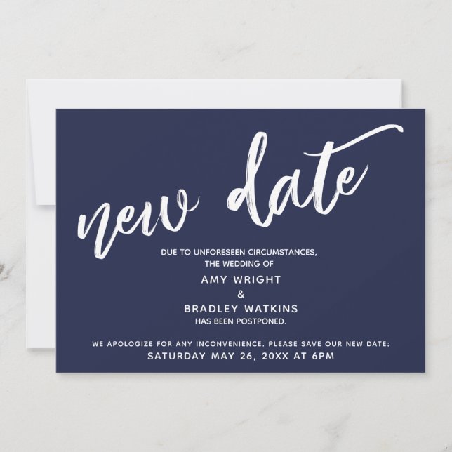 Handwriting Postponed Wedding New Date Navy Blue Invitation (Front)
