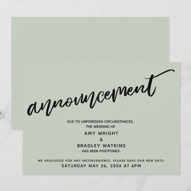 Handwriting Postponed Wedding Sage Announcement (Front/Back)
