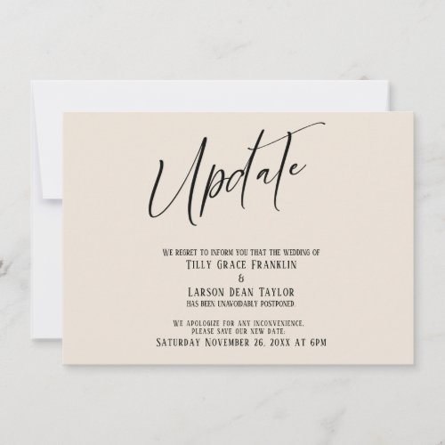 Handwriting Postponed Wedding Update Cream Card