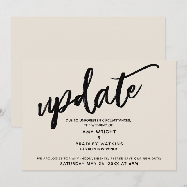 Handwriting Postponed Wedding Update Cream Card (Front/Back)