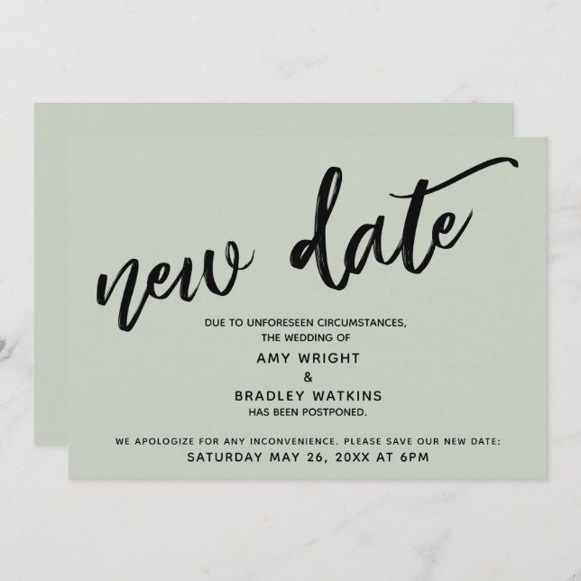 Handwriting Postponed Wedding Update Sage Card (Front/Back)