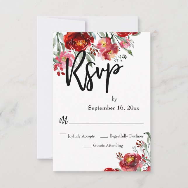 Handwriting RSVP Burgundy Red Fall Flowers (Front)