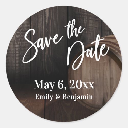 Handwriting Save the Date Brown Wooden Barrel Classic Round Sticker