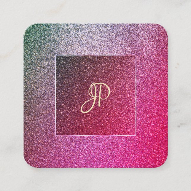 Handwriting Script Modern Elite Glitter Template Square Business Card (Front)