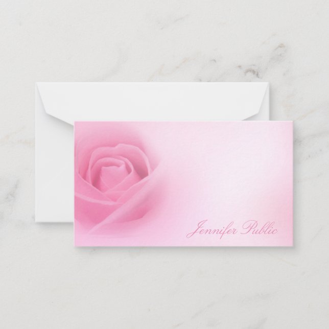 Handwriting Script Name Watercolor Pink Rose Chic Note Card (Front)