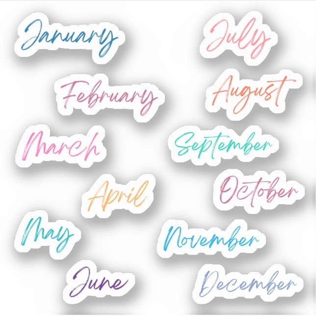 Handwriting Script Rainbow Months of the Year Sticker (Front)