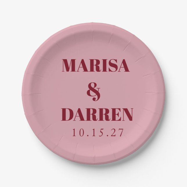 Handwriting Script Red Pink Custom Wedding Paper Plates (Front)