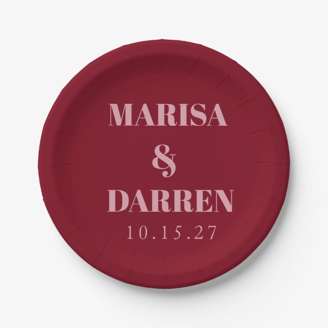 Handwriting Script Red Pink Custom Wedding Paper Plates (Front)