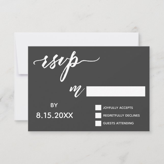 Handwriting Script RSVP in Bold White on Dark Gray (Front)