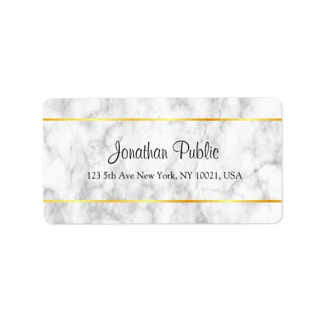 Handwriting Script White Marble Gold Stripes Label (Front)