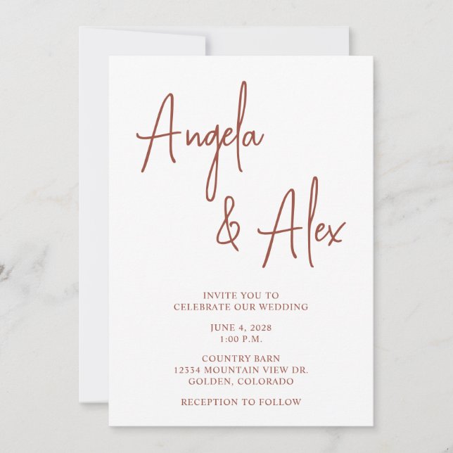 Handwriting Style Script Terracotta Wedding Invitation (Front)