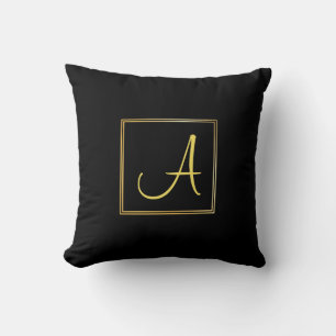 Handwriting Text Letter A Black Gold Monogrammed Throw Pillow