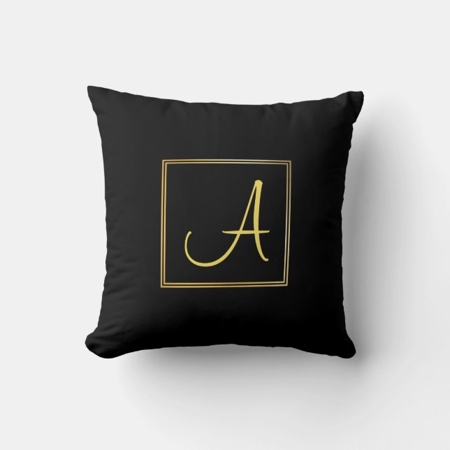Handwriting Text Letter A Black Gold Monogrammed Throw Pillow (Front)