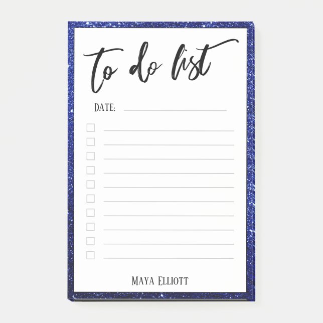 Handwriting To Do List Blue Glitter Border, Lined Post-it Notes (Front)