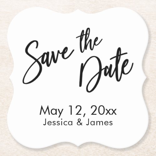 Handwriting Typography Black  White Save the Date Paper Coaster