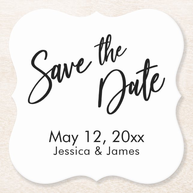 Handwriting Typography Black & White Save the Date Paper Coaster (Front)