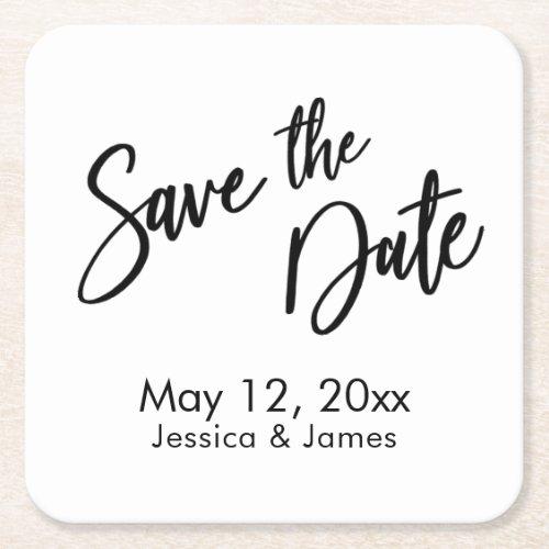 Handwriting Typography Black White Save the Date  Square Paper Coaster